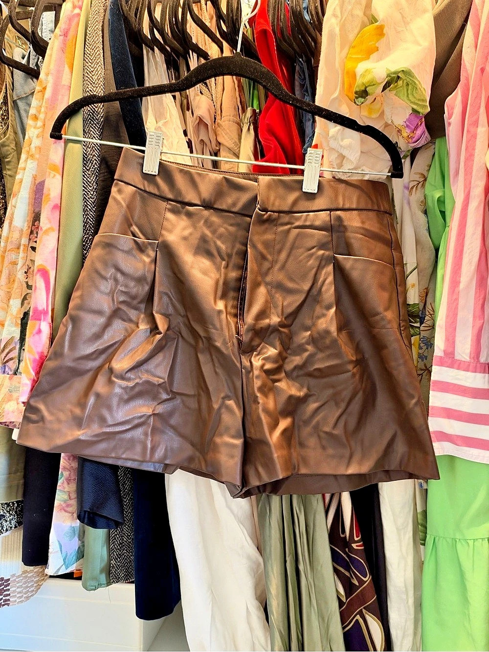 Zara Pleated Faux Leather Shorts High Waist Shorts in Brown